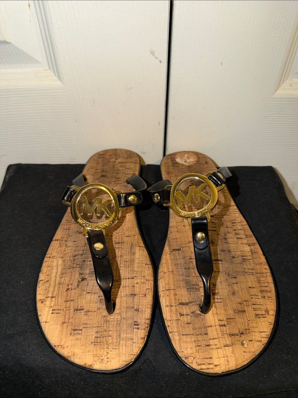 Michael Kors Black and Gold Logo Cork-Print Thong Sandals